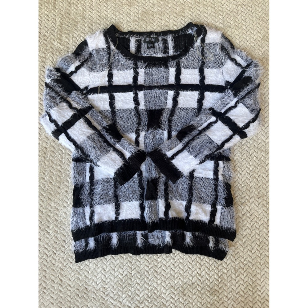 Objects D'Art Womens XL Fuzzy Eyelash Knit Plaid Sweater Black White Crew Neck